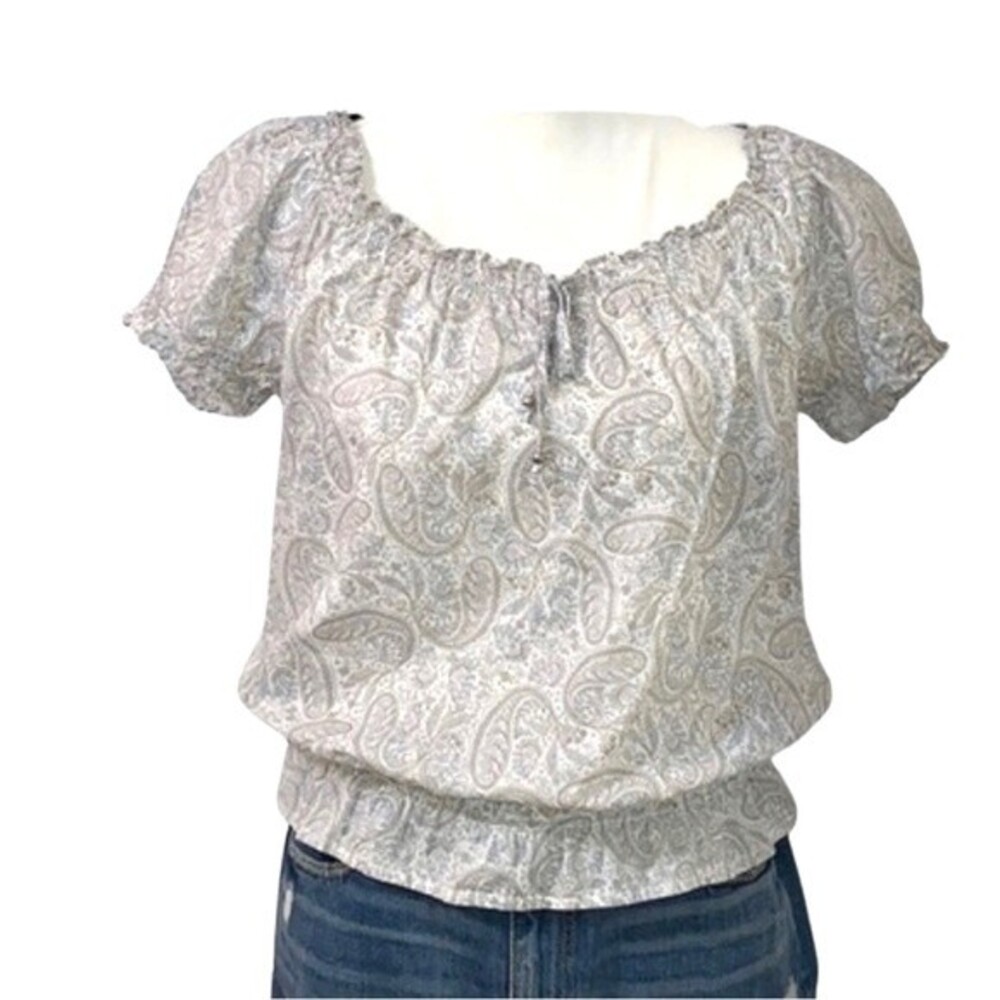 St. John’s Bay cotton tan & white paisley smocked peplum top size petite medium